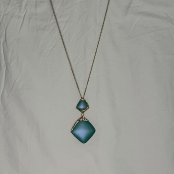 Alexis Bittar Aqua Lucite, Crystal, and Gold Tone two stone Necklace - Picture 3 of 5